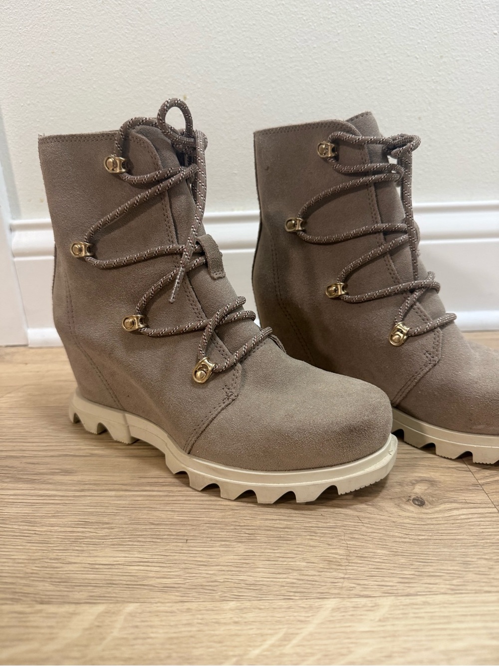 Sorel Taupe Suede Wedge Lace-Up Ankle Boots with Gold Hardware